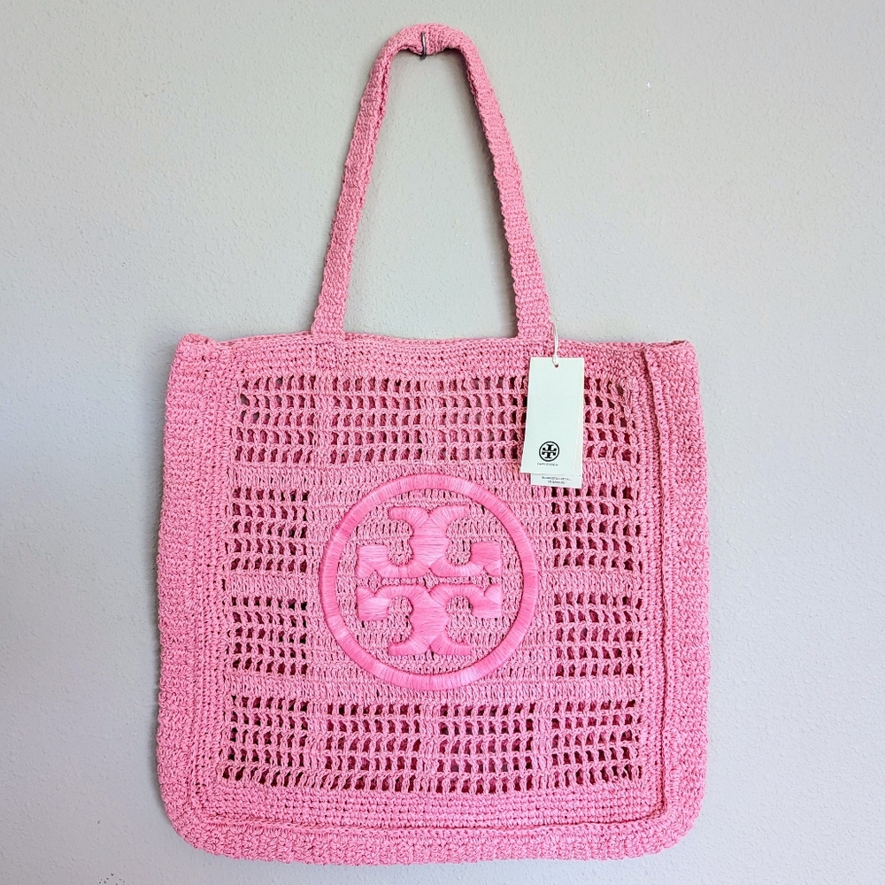 TORY BURCH Ella Crochet Raffia North South Tote Bag Pink NWT
